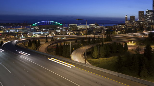 Time lapse zoom out traffic Seattle Skyline