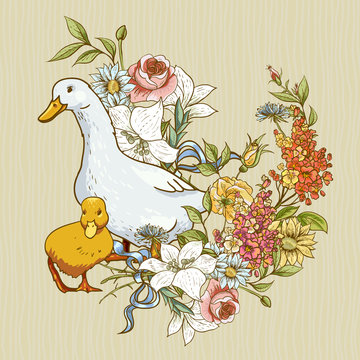 Cute background with ducks and flowers