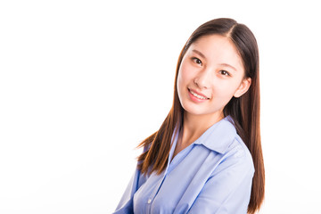 Young business woman standing isolated on white