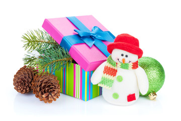 Christmas gift box, decor and snowman toy