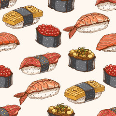 seamless background with hand-drawn sushi