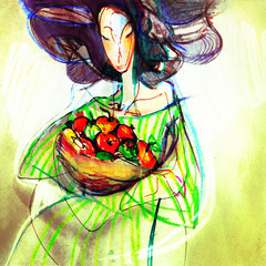 Fruity lady, drawing on paper