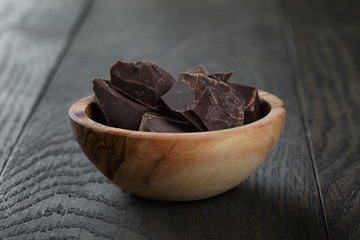dark chocolate chunks in wooden bowl