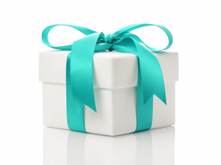 white gift box with azure ribbon bow