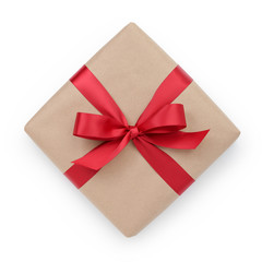 kraft paper gift box with ribbon bow from above