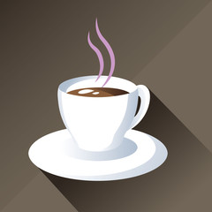 Steamy cup of coffee, brown background, long shadow