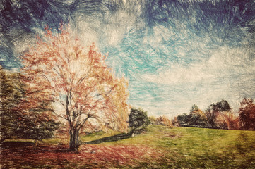 Autumn park. Green hill in red leaves. Vintage art