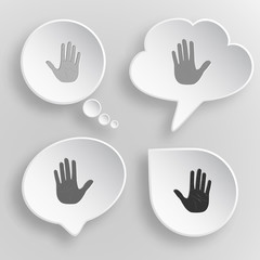 Stop hand. White flat vector buttons on gray background.
