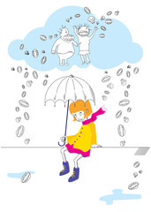 Vertical illustration: sad girl afraid of her yelling parents