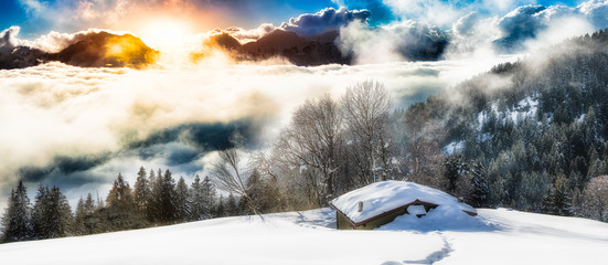Panoramic landscape of hermitage isolated in the snow
