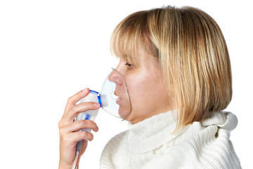 Sick cough woman using inhaler mask isolated