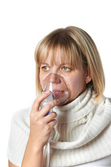 Sick cough woman using inhaler mask isolated