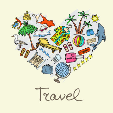 Vector stylized heart with hand drawn symbols of travel