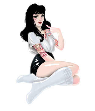 fashion illustration Woman Pin-up girl style with tattoo