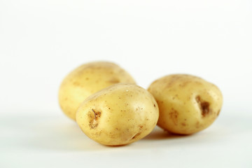 New two white yellow potatoes on white background