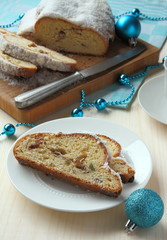 Sliced stollen with christmas decoration