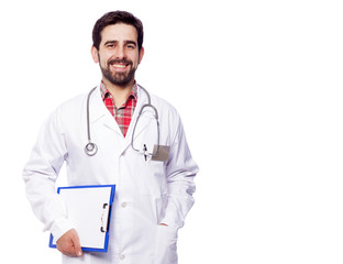 Fototapeta premium Portrait of handsome medical doctor holding a clipboard, isolate