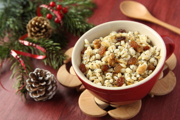 Pot with kutia – traditional Christmas sweet meal