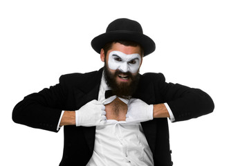 mime as a businessman tearing his shirt off