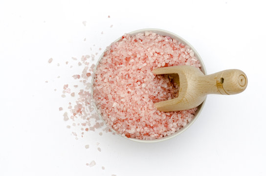 Bowl, Bath Salts In Pink, Spoon, Grains Of Salt Fallen Isolated