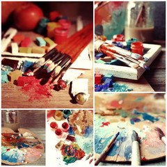Beautiful still life with professional art materials collage