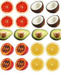 Collage of exotic fruit isolated on white