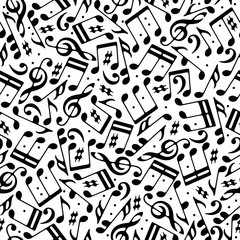 Vector black musical notes and treble clefs seamless pattern on