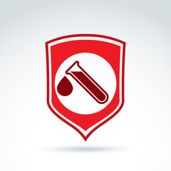 Vector illustration of a red shield symbol and test tubes with a