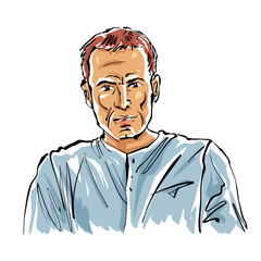 Hand drawn illustration of a red-haired man on white background.