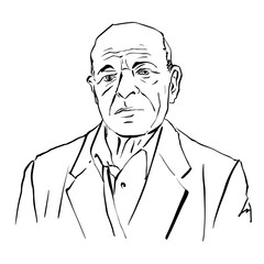 Hand drawn illustration of an old man on white background, black