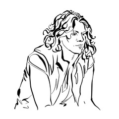 Monochrome hand drawn illustration of a woman, serious girl.