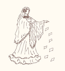 Sketchy woman silhouette in retro clothes