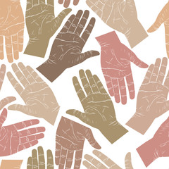 Open hands searching each other to shake seamless pattern, vecto