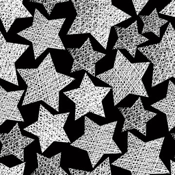 Stars seamless pattern, vector repeating black and white backgro