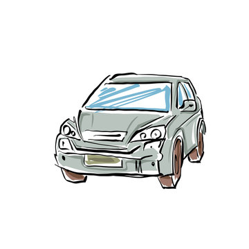 Colored hand drawn car on white background, illustrated sedan.