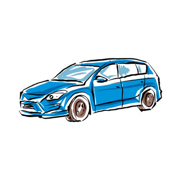 Colored hand drawn car on white background, illustrated hatchbac