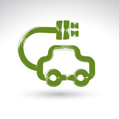 Hand drawn green eco car icon, illustrated brush drawing electri