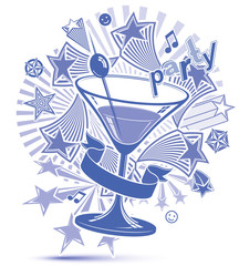 Graphic grayscale leisure backdrop with musical notes and glass