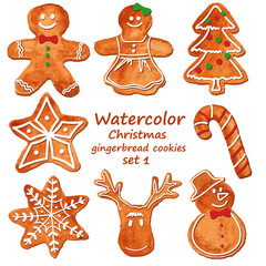 Fototapeta na wymiar Watercolor Christmas gingerbread cookies