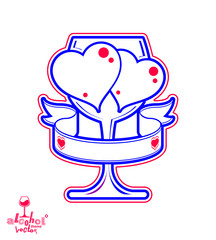 Artistic illustration of wineglass with two loving hearts. Alcoh