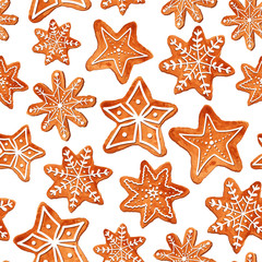 Fototapeta na wymiar Seamless pattern of watercolor gingerbread cookies