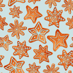 Seamless pattern of watercolor gingerbread cookies