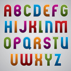 Colorful glossy rounded font, geometric letters with white outli