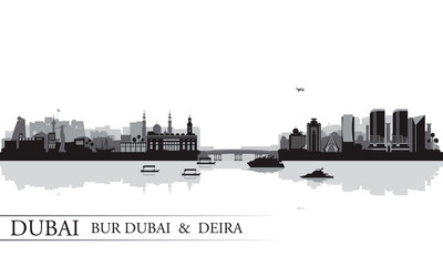 Dubai Deira and Bur Dubai skyline silhouette background