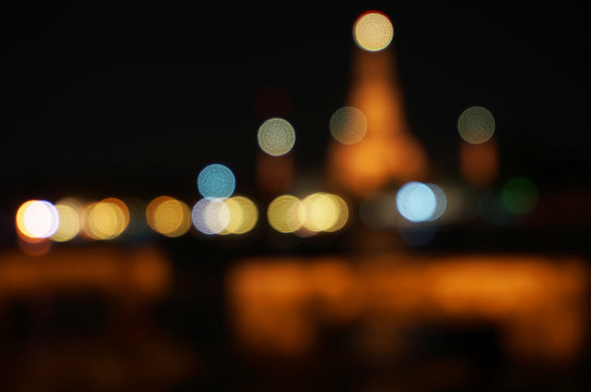 Thailand temple at night, blurred photo bokeh