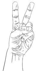 Victory hand sign, detailed black and white lines vector illustr