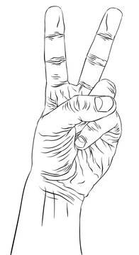 Victory hand sign, detailed black and white lines vector illustr