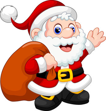 Cute Santa Claus cartoon waving and carrying christmas gift