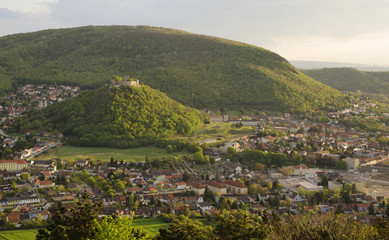 Fototapeta na wymiar Hilly landscape with Hainburg town, Austria