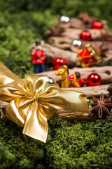 Christmas golden ribbon and anise star in traditional decor